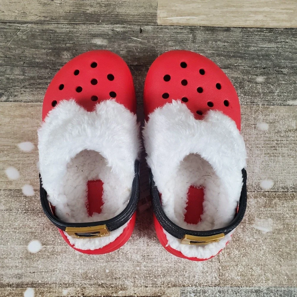 Crocs Classic Lined Santa Kids Clog Sz 8 C8 Red Round Toe Slip-On Slingback Shoe